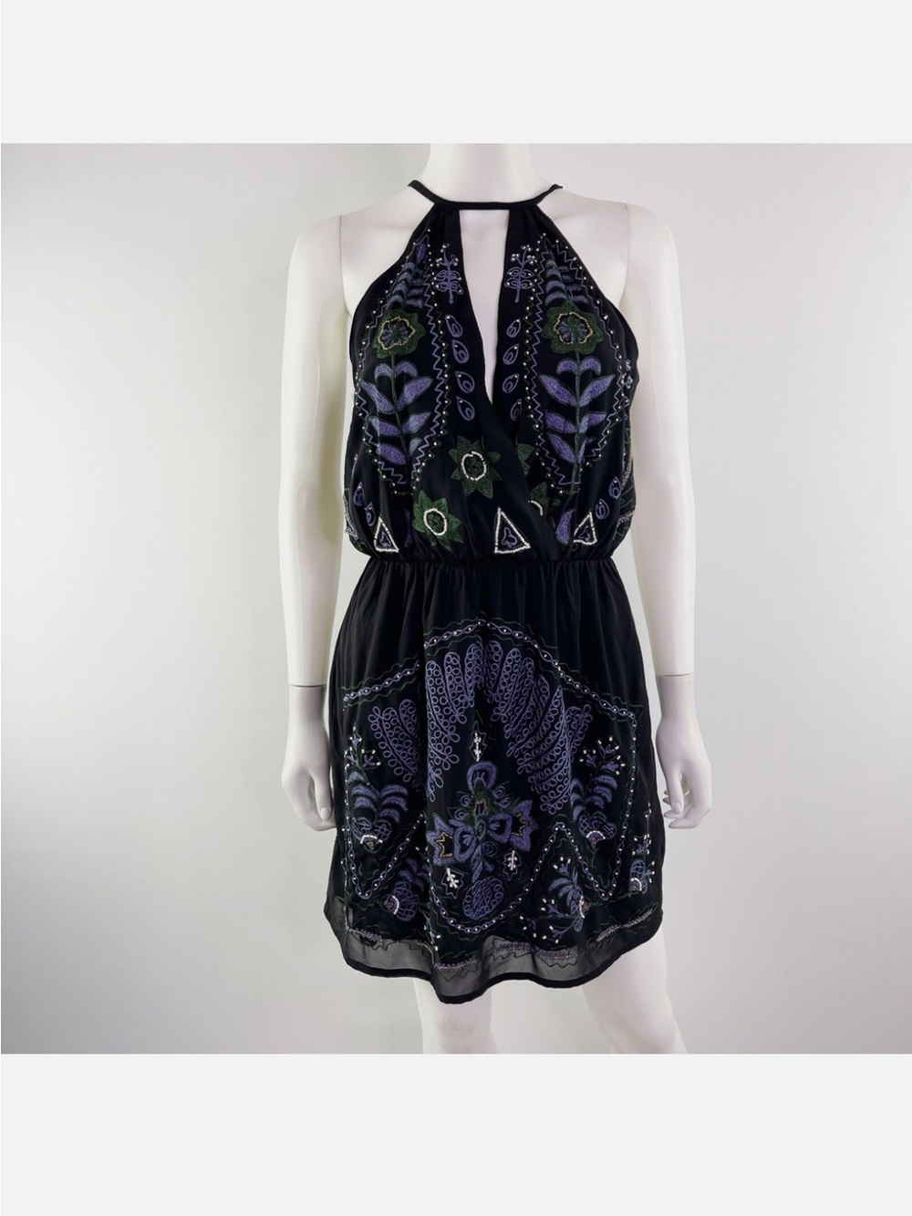 A La Plage Black Mini Halter Dress Size L Beaded Embroidery Fairytale